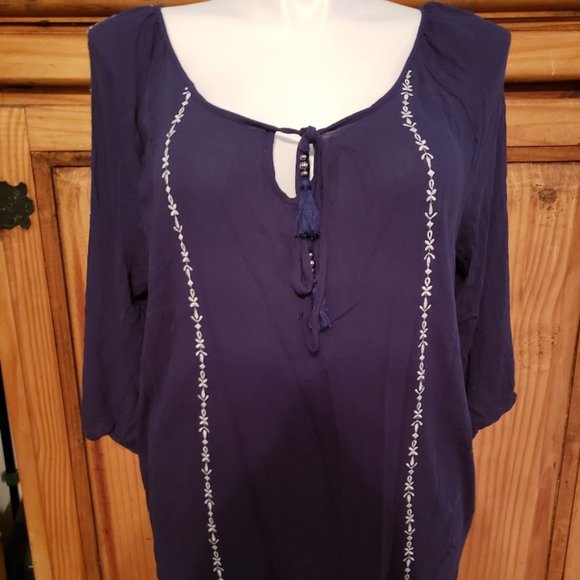 Torrid Tops - Torrid Navy Blouse with White Embroidery 2X Boho Peasant Hippie